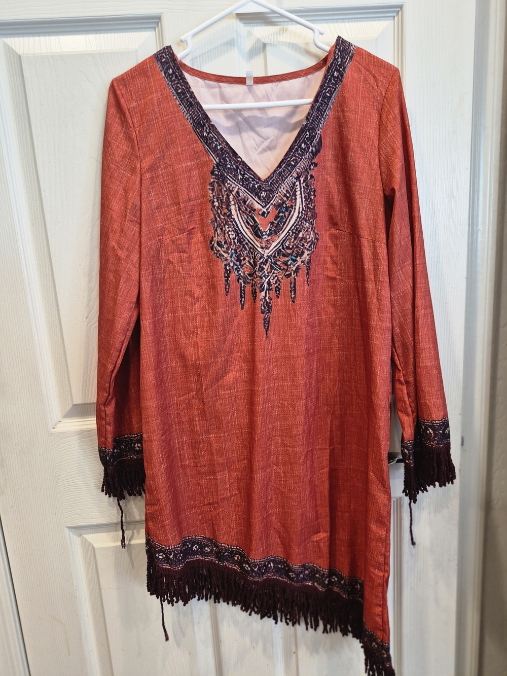 Women’s Red V-Neck Embroidered Fringe Dress